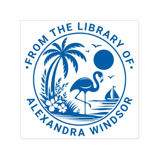 Flamingo Palm Tree Sailboat Library Name Permastempel (Design)