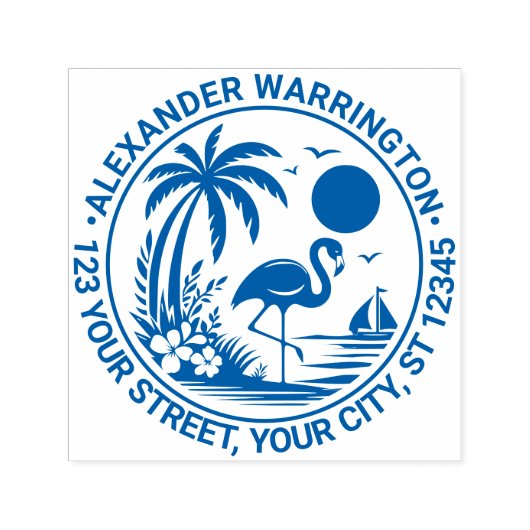 Flamingo Palm Tree Sailboat Name Rücksendeadresse Permastempel (Design)