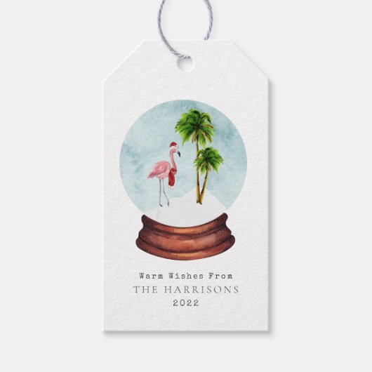Flamingo Palm Tree Snow Globe Geschenkanhänger (Vorderseite)
