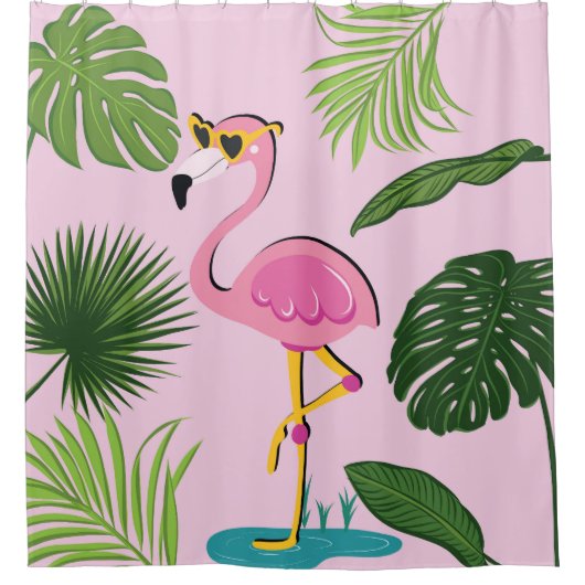 Flamingo Palm Verlasse tropisches Design Duschvorhang (Vorderseite)