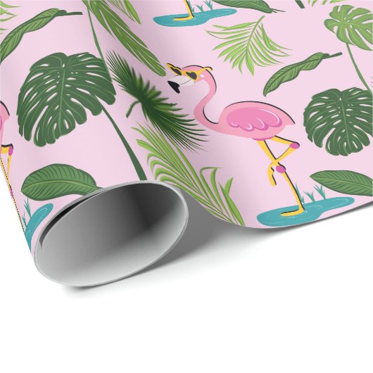 Flamingo Palm Verlasse tropisches Design Geschenkpapier (Rolleneckpunkt)