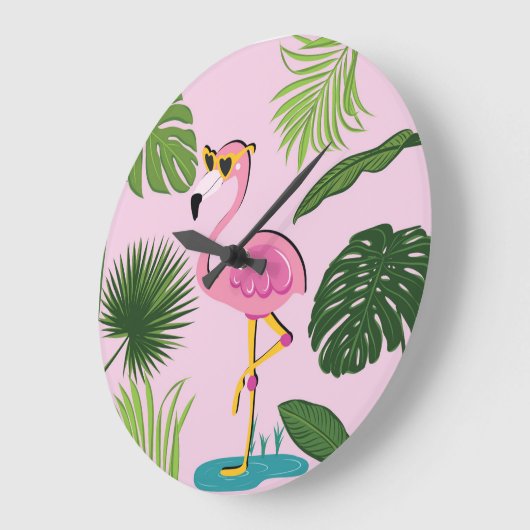 Flamingo Palm Verlasse tropisches Design Große Wanduhr (Winkel)