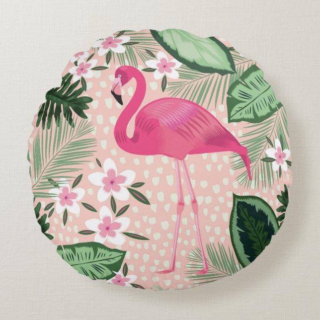Flamingo, Palmen, Küchendesign Rundes Kissen (Vorderseite)