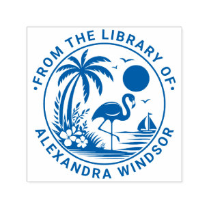 Flamingo-Palmenbaum-Segelboot-Bibliotheksbuchname Permastempel