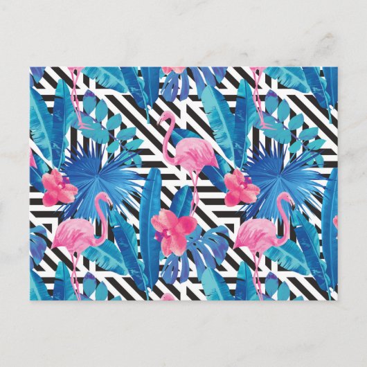 Flamingo & Palms auf geometrischem Muster Postkarte (Vorderseite)