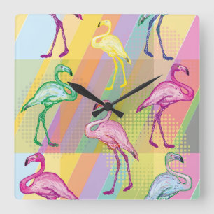Flamingo Parade Quadratische Wanduhr