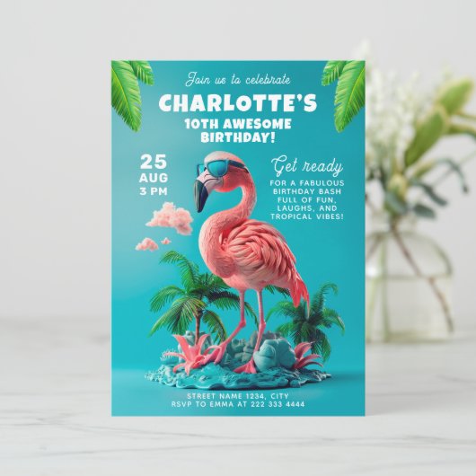 Flamingo Paradise Tropical Celebration Bash Einladung (Stehend Vorderseite)