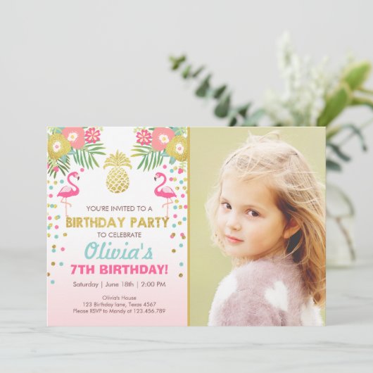 Flamingo-Party Einladung tropisches Geburtstag (Stehend Vorderseite)