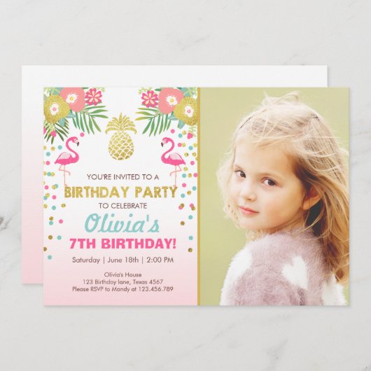 Flamingo-Party Einladung tropisches Geburtstag (Vorne/Hinten)