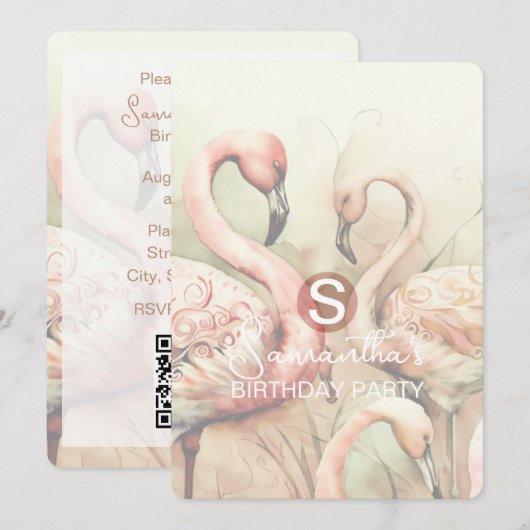 Flamingo-Party-Thema, QR-Code, Benutzerdefiniert Einladung (Vorne/Hinten)