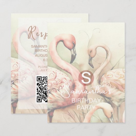 Flamingo-Party-Thema, QR-Code-RSVP RSVP Karte (Vorne/Hinten)