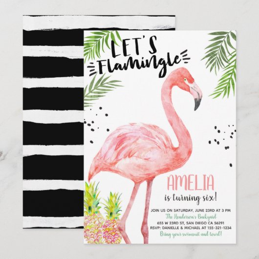 Flamingo Pineaple Watercolor Einladung (Vorne/Hinten)