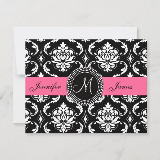 Flamingo Pink Black Damask Monogram Save the Date (Vorderseite)