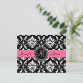 Flamingo Pink Black Damask Monogram Save the Date (Stehend Vorderseite)