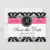 Flamingo Pink Black Damask Monogram Save the Date (Rückseite)