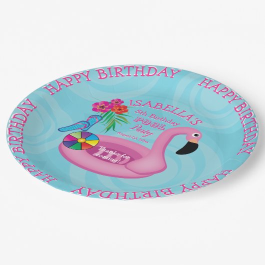 Flamingo Pink Floral Birthday Pool Party Pappteller (Schrägansicht)