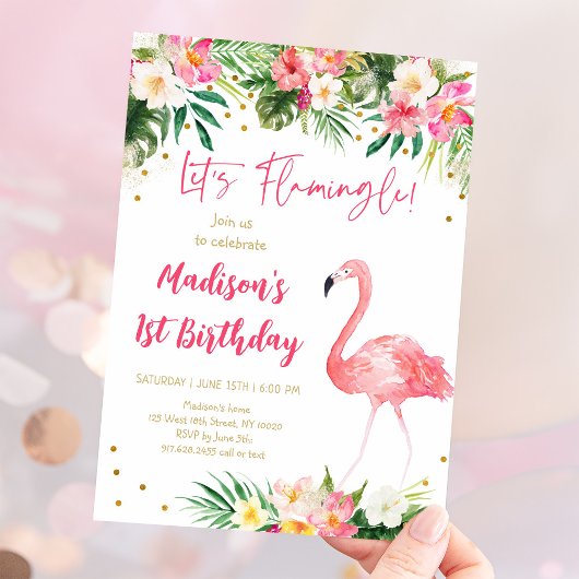 Flamingo Pink Gold Erster Geburtstag Einladung