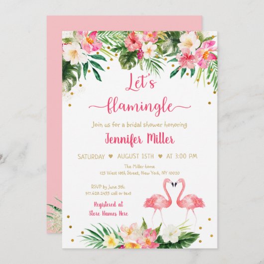 Flamingo Pink Gold Tropical Brautparty Einladung (Vorne/Hinten)