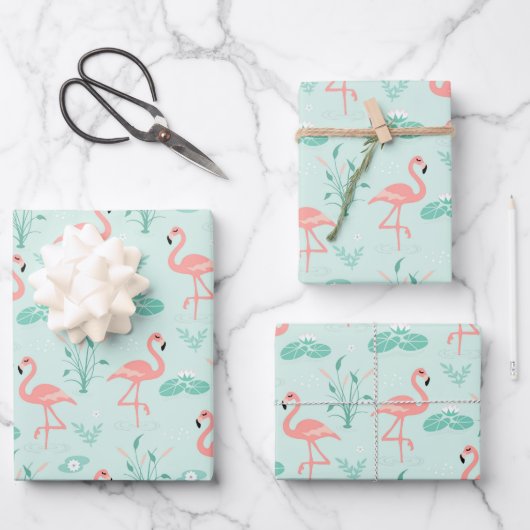 Flamingo Pink Grün tropische Vögel Trendy Geschenkpapier Set (Vorderseite)