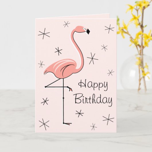 Flamingo Pink Happy Birthday Fronttext vertikal Karte (Gelbe Blume)