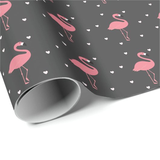 Flamingo Pink Heart Gray Wrapping Paper Geschenkpapier (Rolleneckpunkt)