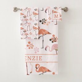 Flamingo Pink Koralle Name Monogram Badhandtuch Set