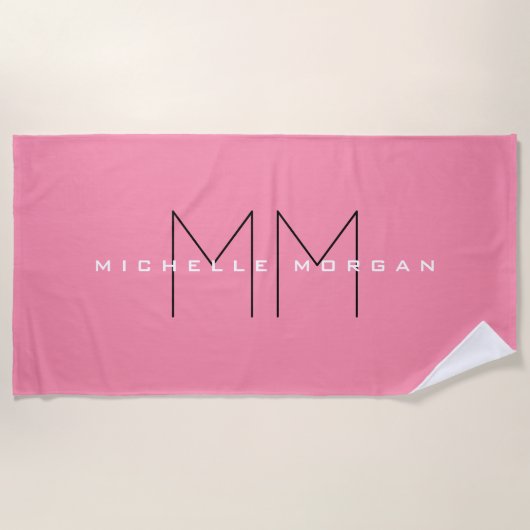 Flamingo Pink Monogram Minimalistisch Name Initial Strandtuch (Vorderseite)