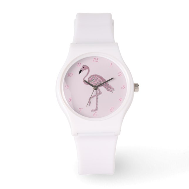 Flamingo Pink Roses Flamingos Clock Armbanduhr (Vorderseite)