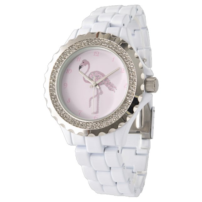 Flamingo Pink Roses Flamingos Clock Armbanduhr (Schrägansicht)