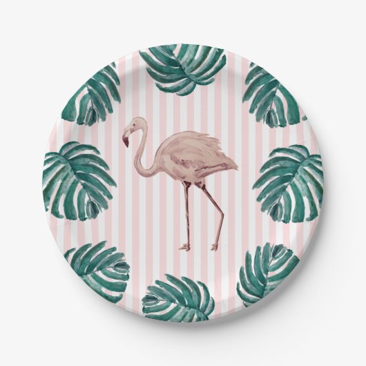 Flamingo Pink Stripe Birthday Tropical Pappteller (Vorderseite)
