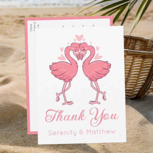Flamingo Pink Tropical Beach Wedding Thank You Postkarte