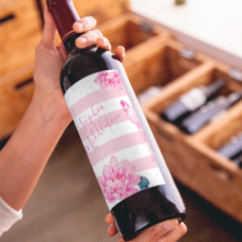 Flamingo Pink Weißer Streifen floraler Chic Silver Weinetikett