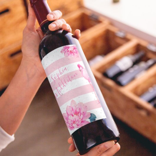 Flamingo Pink Weißer Streifen floraler Chic Silver Weinetikett