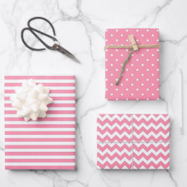 Flamingo Pink & White Streifen Polka Dot Zickzack Geschenkpapier Set