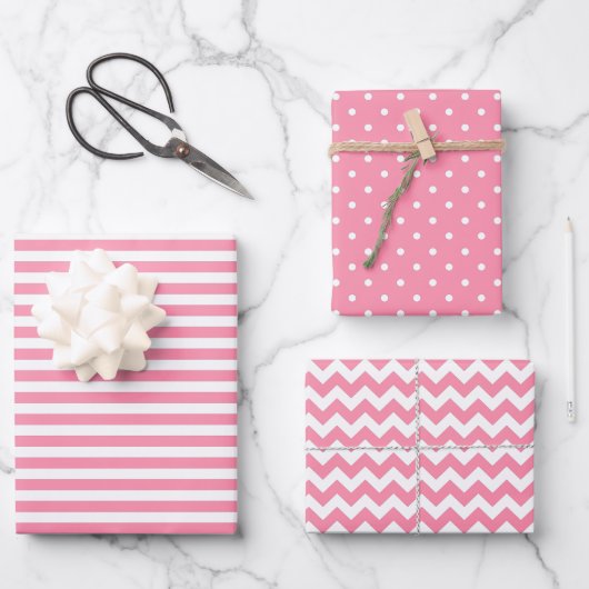Flamingo Pink & White Streifen Polka Dot Zickzack Geschenkpapier Set (Vorderseite)