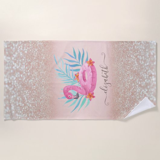 Flamingo Pool Float Glitzer Bokeh Strandtuch (Vorderseite)