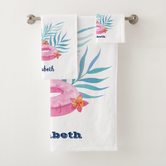 Flamingo Pool Float Navy Blue White Striping Badhandtuch Set (Insitu)