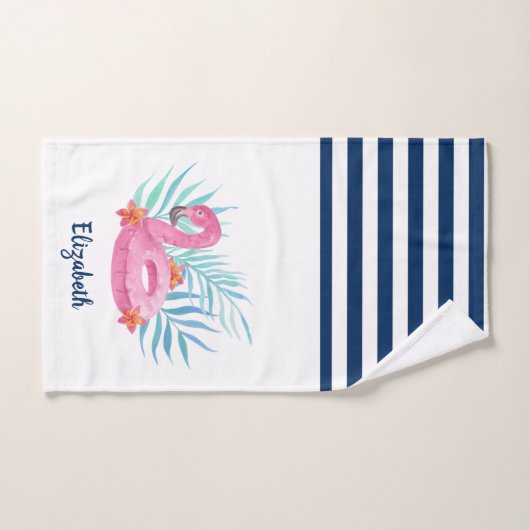 Flamingo Pool Float Navy Blue White Striping Badhandtuch Set (Handtuch)