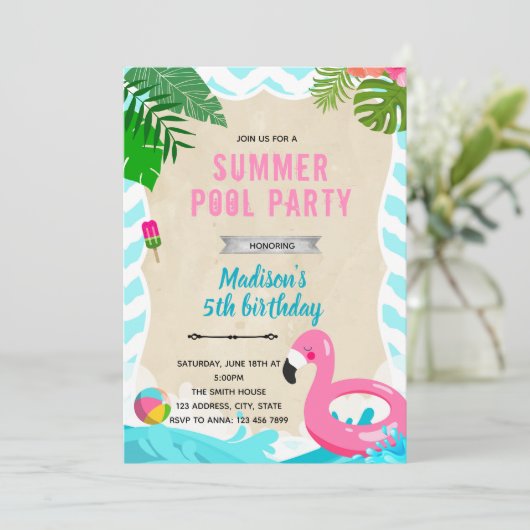 Flamingo Pool Geburtstagsparty Einladung (Stehend Vorderseite)