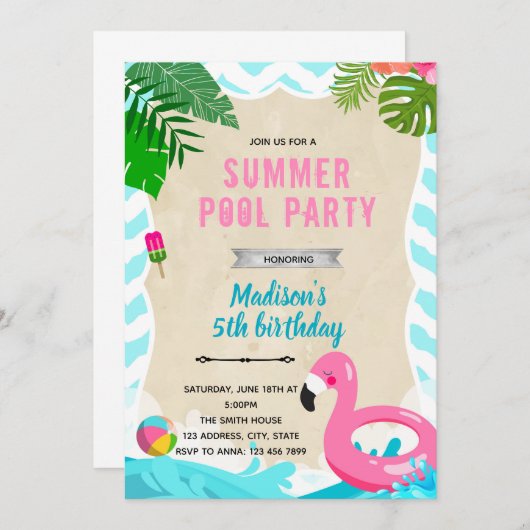 Flamingo Pool Geburtstagsparty Einladung (Vorne/Hinten)