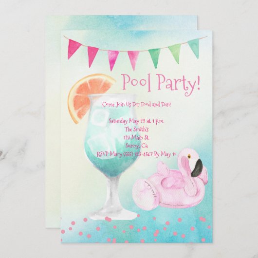 Flamingo Pool Party Einladung (Vorne/Hinten)