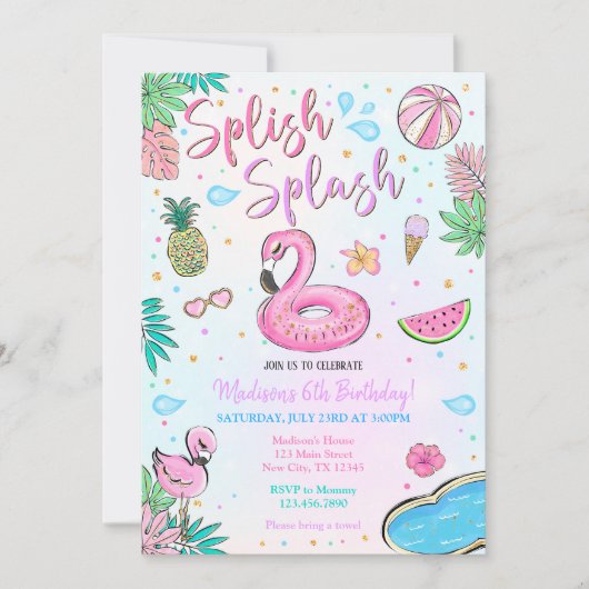 Flamingo Pool Party Einladung (Vorderseite)