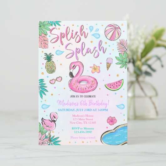 Flamingo Pool Party Einladung (Stehend Vorderseite)