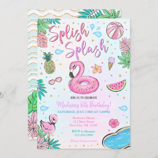 Flamingo Pool Party Einladung (Vorne/Hinten)
