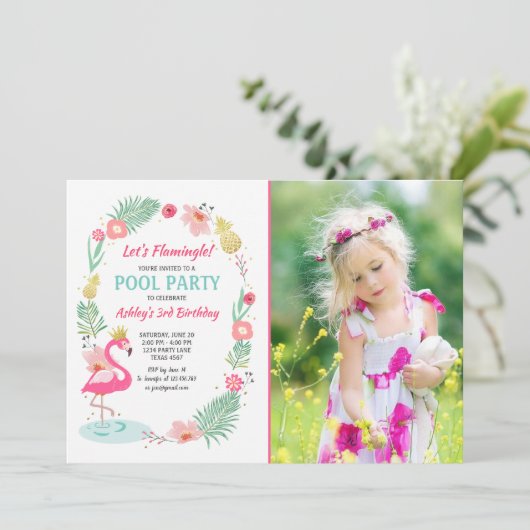 Flamingo Pool Party Einladung Tropical Geburtstag (Stehend Vorderseite)
