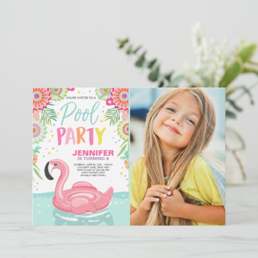 Flamingo Pool Party Einladung Tropical Pool Schwim (Stehend Vorderseite)