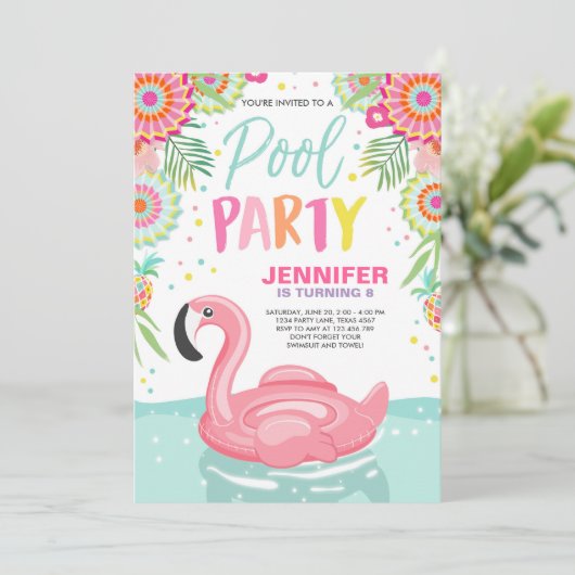 Flamingo Pool Party Einladung Tropical Pool Schwim (Stehend Vorderseite)