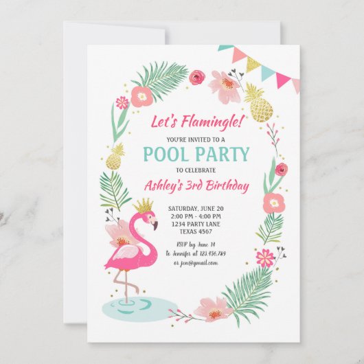 Flamingo Pool Party Einladung Tropischer Geburtsta (Vorderseite)