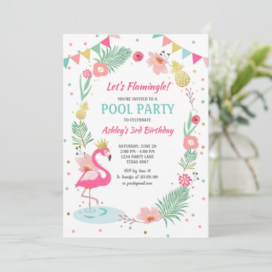 Flamingo Pool Party Einladung Tropischer Geburtsta (Stehend Vorderseite)