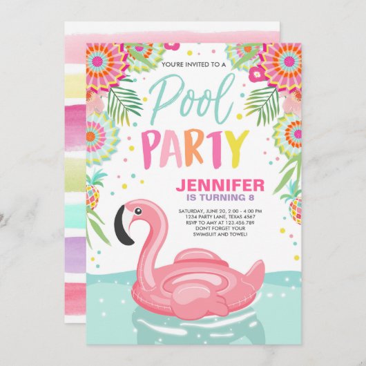 Flamingo Pool Party Einladung Tropischer Pool Schw (Vorne/Hinten)